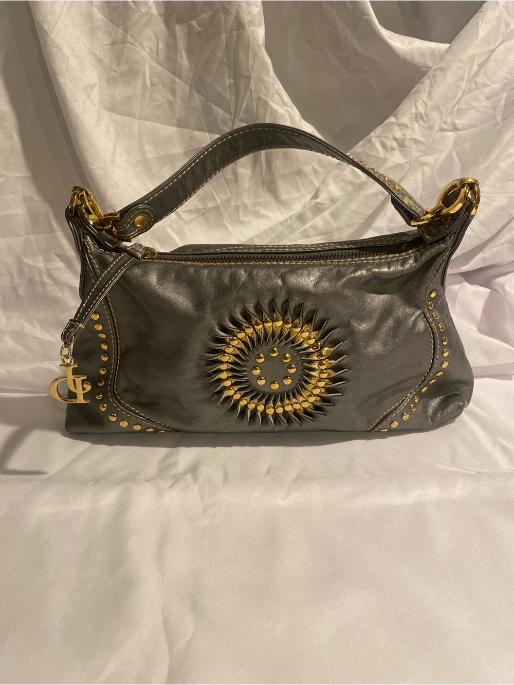 Vintage Junior Drake Y2K Style Leather Studded Baguette Shoulder Bag Silver